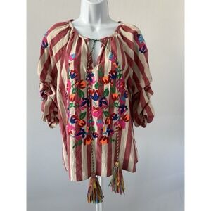 See And Be Seen Linen Bl Red Stripe Floral Embroidered Boho Top, Sz: Small (B51)